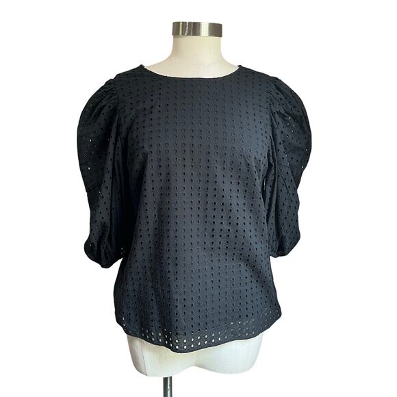 A New Day Black Eyelet Preppy Puff Sleeve Blouse Size Small - Picture 2 of 9